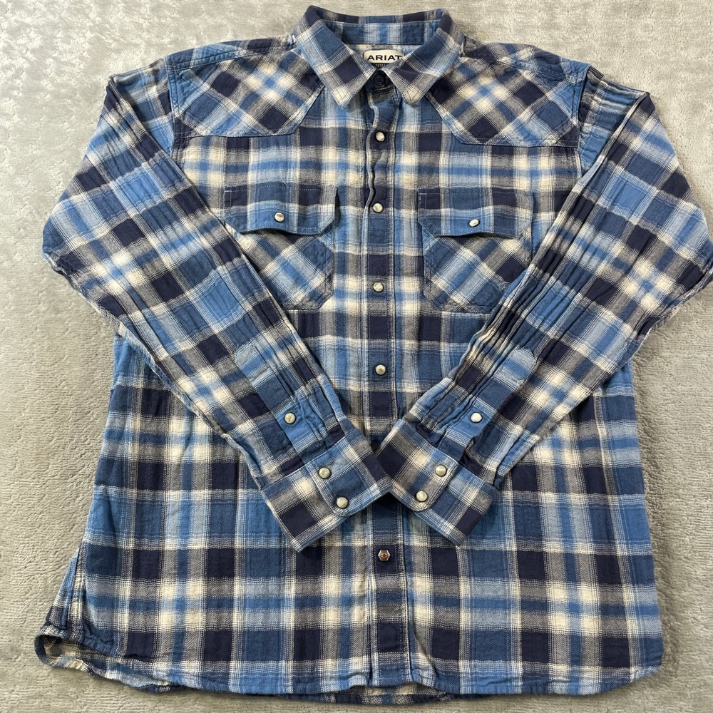 Ariat Flannel Shirt Retro Fit Mens XL Blue Plaid Pearl Snap Western Cowboy